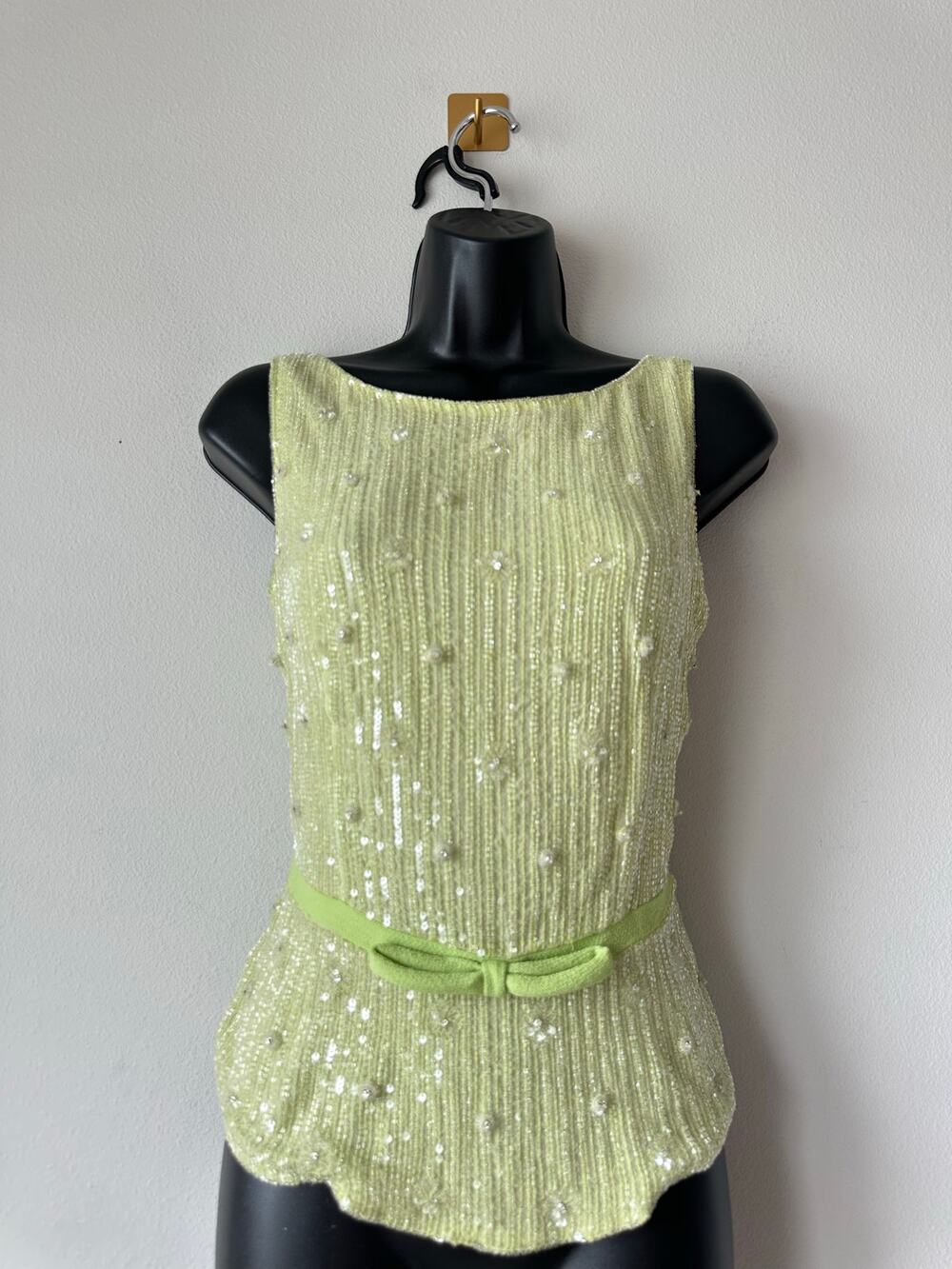 Vintage Y2K Mimmina Beaded Sequin Floral Tank Top Pistachio Green Size S